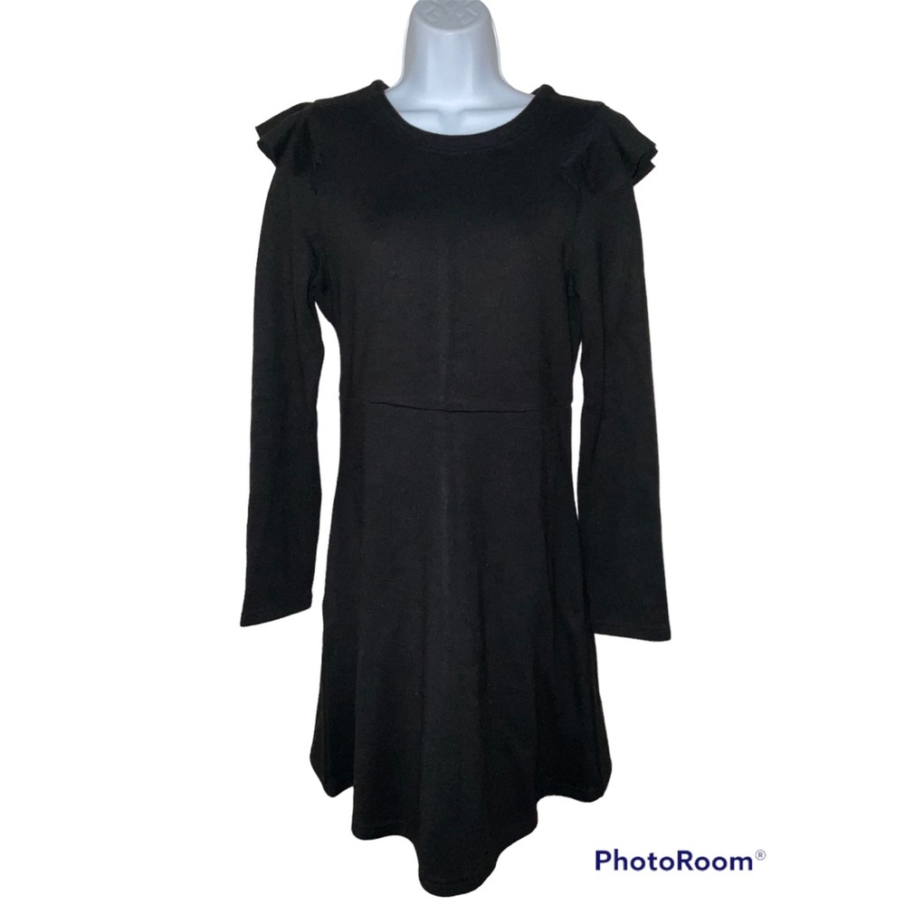 J.O.A. Small Dress Black Knit Long Sleeve Ruffle Detail Round Neck Keyhole Hook